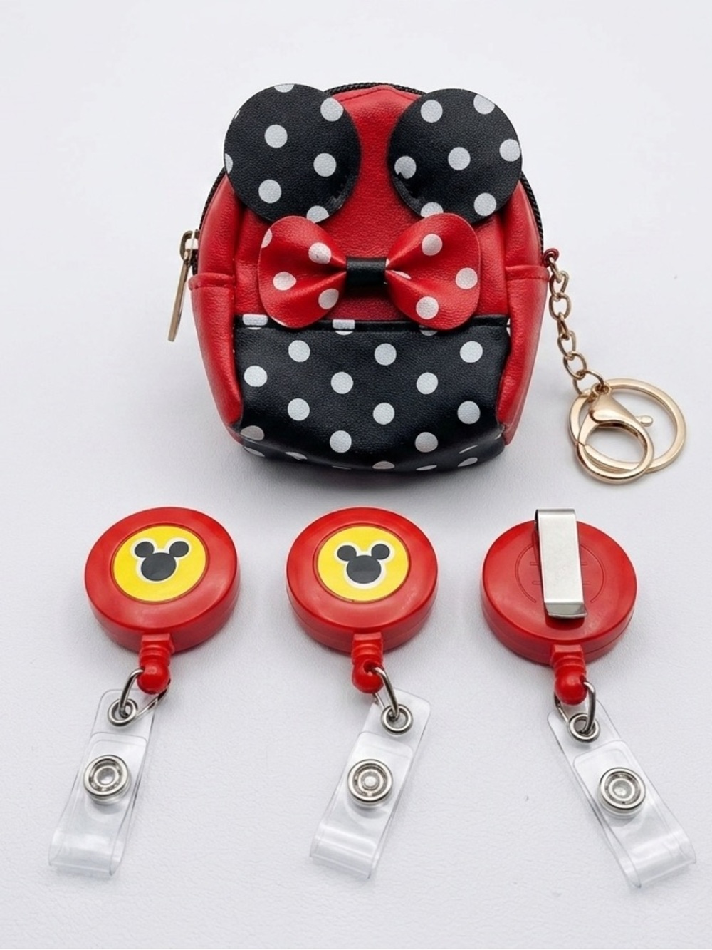 Minnie Mouse Red Polka Dot Mini Coin Purse Bag Charm + 3 Mickey ID Badge Holders